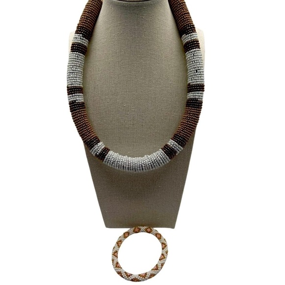 Beaded Necklace & Bracelet Set - Brown/White Beads - African Style Jewelry - 18" - Picture 1 of 7